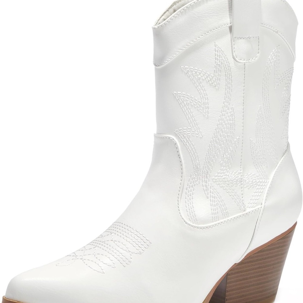 Women's White Western-Inspired Ankle Boot with Block Heel